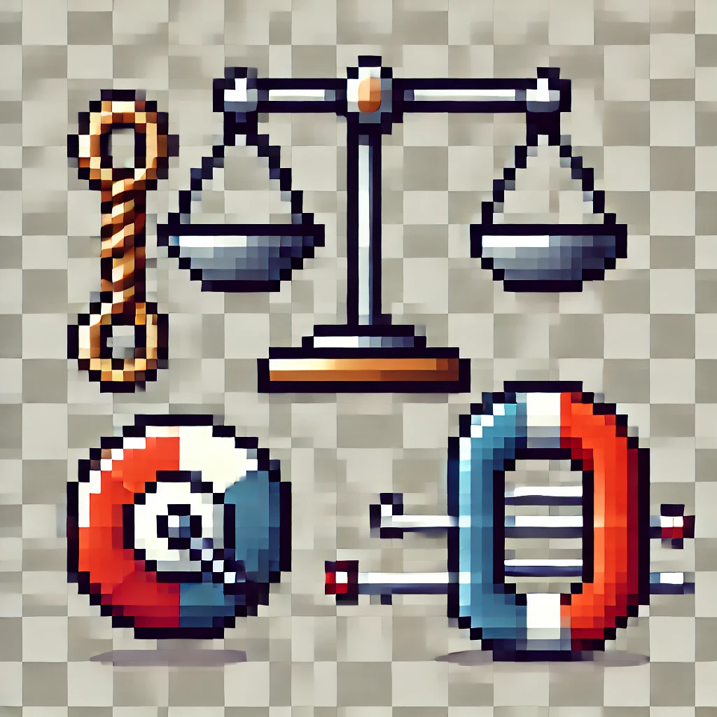 DALL·E 2024-11-10 12.32.12 - A pixel art icon on a transparent background, featuring three physics concepts_ a simple pulley with a rope and wheel, a balance scale with two pans (