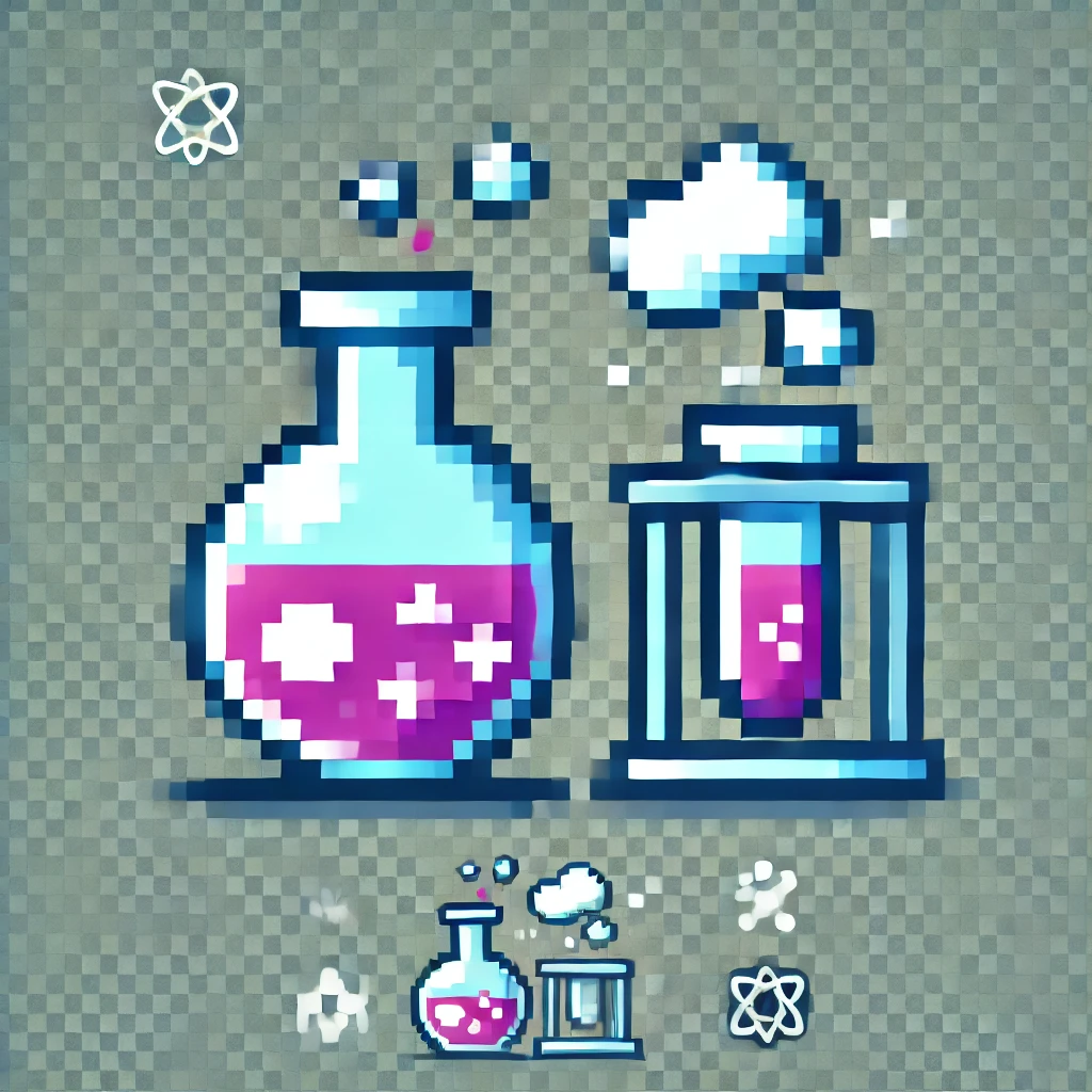 DALL·E 2024-11-10 12.32.22 - A pixel art icon on a transparent background representing chemistry, featuring a beaker with liquid, a test tube, and a small chemical reaction with b