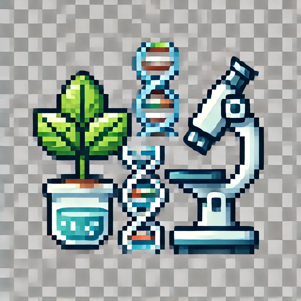 DALL·E 2024-11-10 12.32.28 - A pixel art icon on a transparent background representing biology, featuring a simple plant leaf, a DNA strand, and a microscope. Styled to look frien