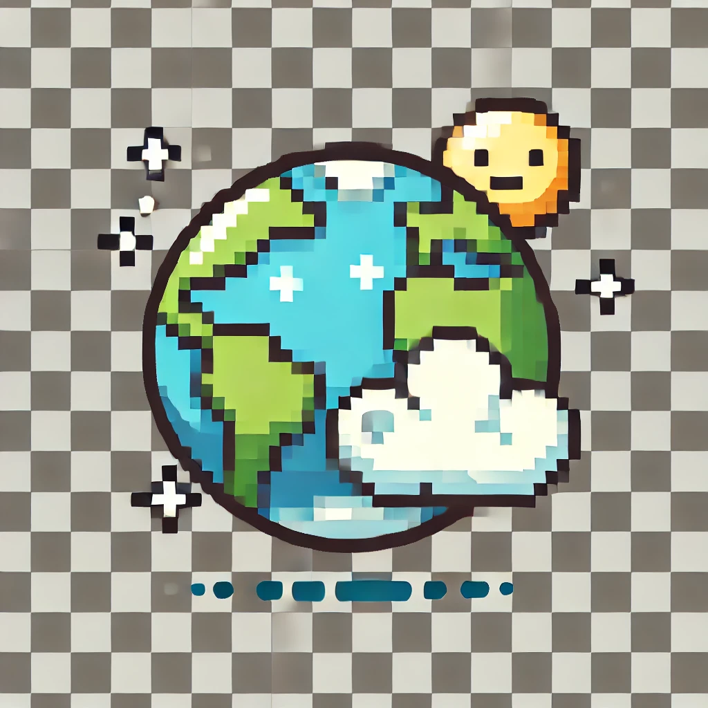 DALL·E 2024-11-10 12.35.39 - A pixel art icon on a transparent background representing earth science, featuring a simple globe with continents visible, a mountain, and a small clo